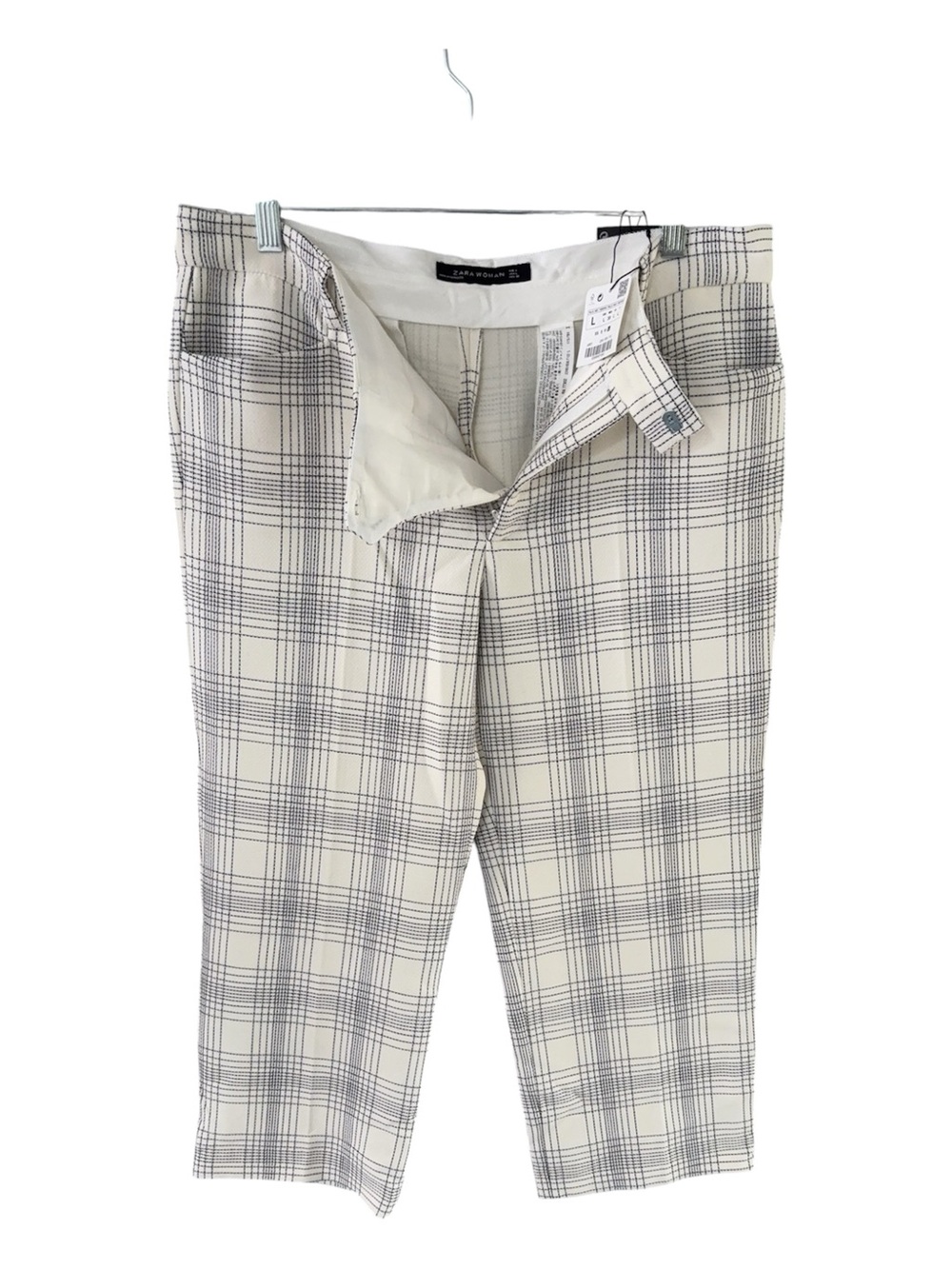 Zara Woman Plaid Cropped Dress Pants Cream Check Trousers - Size L NWT